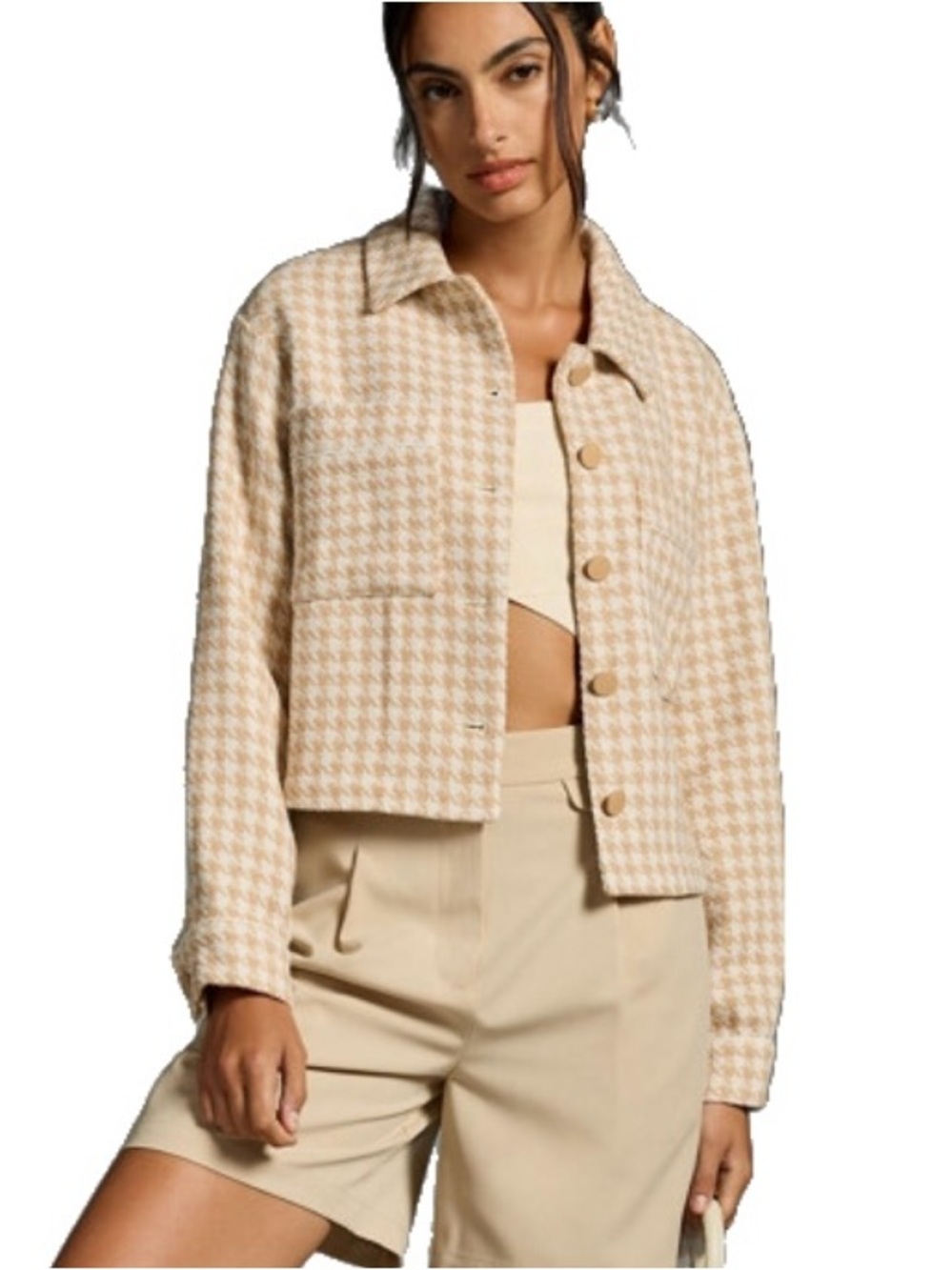 Anthropologie Dolan Beige Houndstooth Printed Knit Jacket in Cream Tan size L